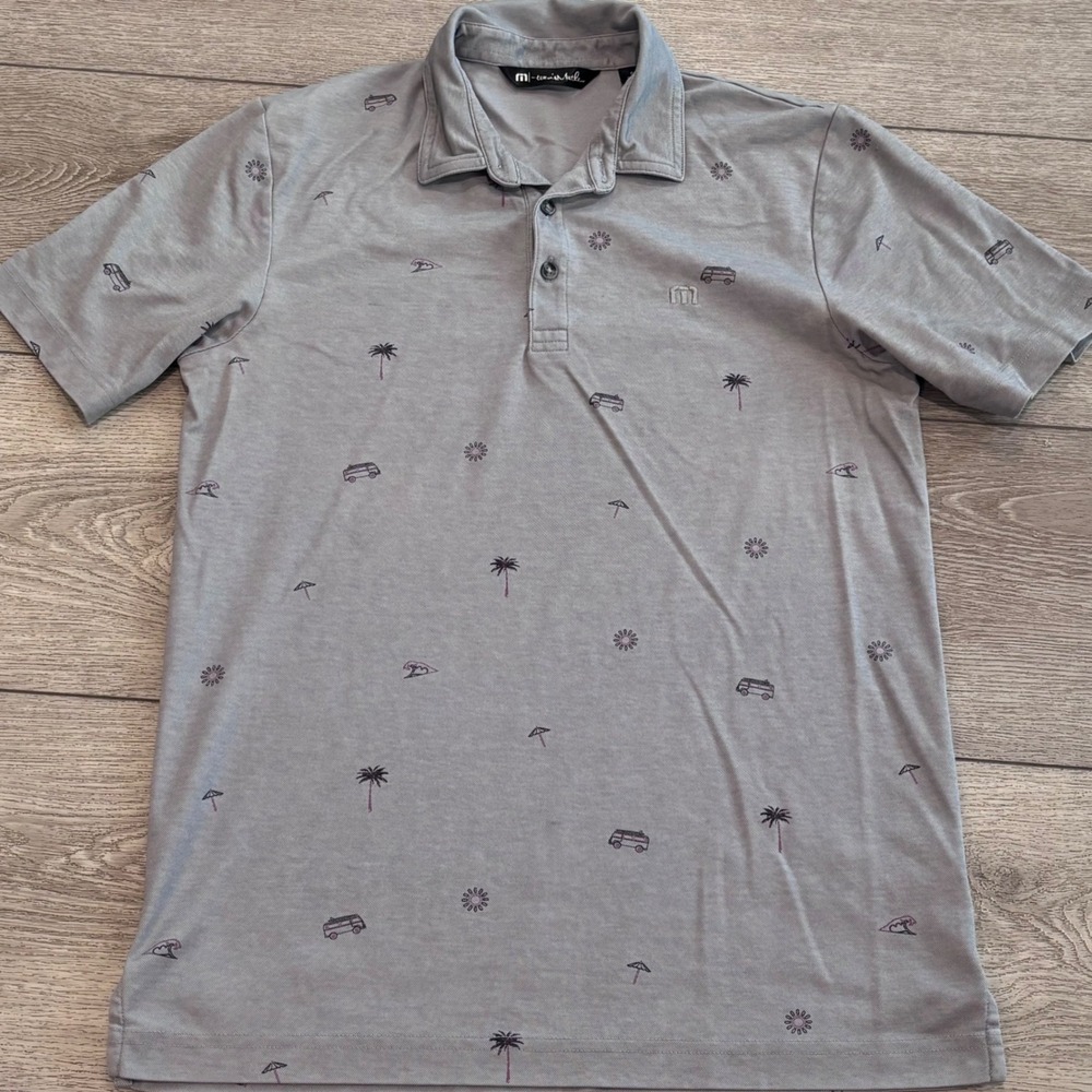 Travis Mathew Polo Shirt Mens Small Gray Beach Print AOP‎ Golf Casual Preppy - Picture 2 of 8